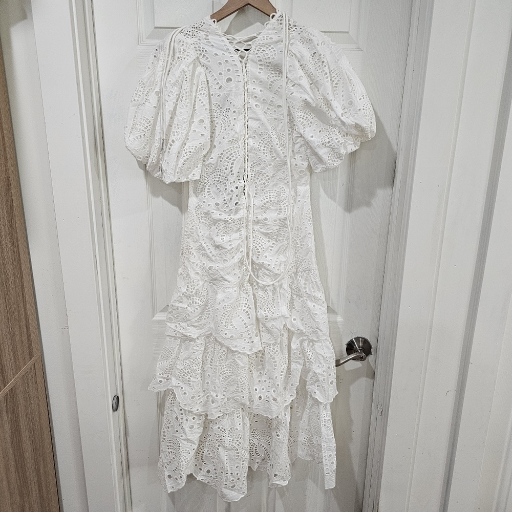 Farm Rio White Eyelet Puff Sleeve Midi Dress - Picture 4 of 7